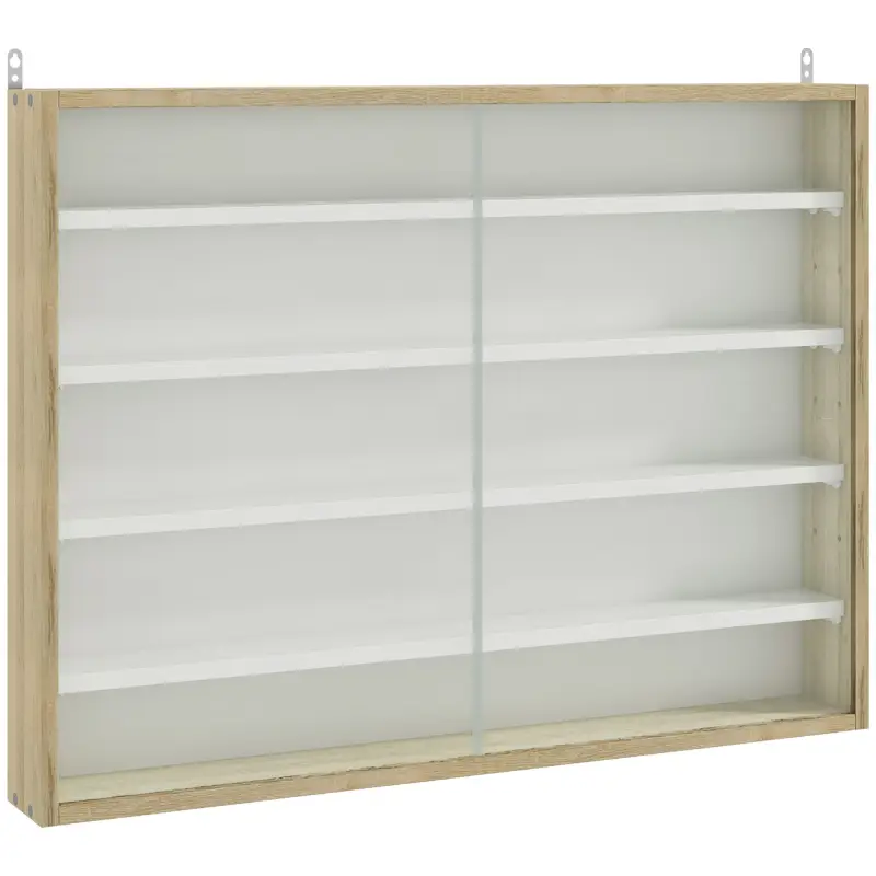 Vitrina de Pared de Madera con Estantes Ajustables y 2 Puertas Correderas de Cristal 80x9,5x60 cm Blanco y Natural