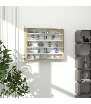 Vitrina de Pared de Madera con Estantes Ajustables y 2 Puertas Correderas de Cristal 80x9,5x60 cm Blanco y Natural