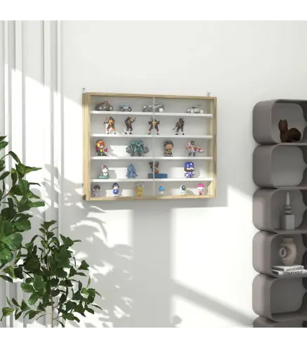 Vitrina de Pared de Madera con Estantes Ajustables y 2 Puertas Correderas de Cristal 80x9,5x60 cm Blanco y Natural