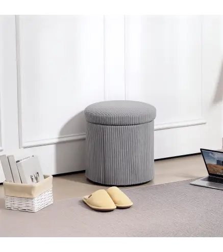 Puff con Almacenaje Redondo Tapizado en Pana con Estructura de Acero Estable y Acolchado Suave Ø40x41 cm Gris Claro