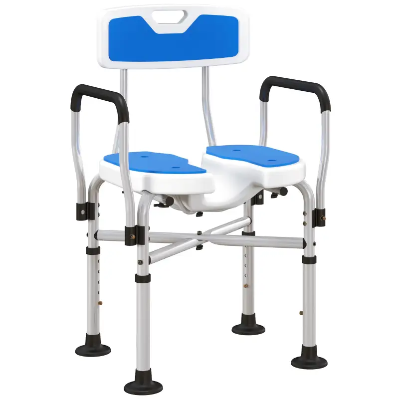 Silla de Ducha con Asiento Ranurado Altura Regulable Antideslizante Respaldo y Reposabrazos Carga 136 kg Azul