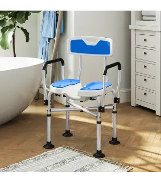 Silla de Ducha con Asiento Ranurado Altura Regulable Antideslizante Respaldo y Reposabrazos Carga 136 kg Azul