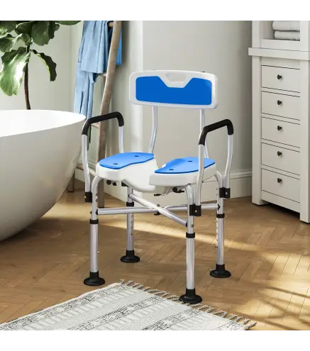Silla de Ducha con Asiento Ranurado Altura Regulable Antideslizante Respaldo y Reposabrazos Carga 136 kg Azul
