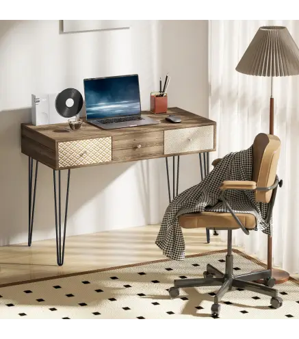 Escritorio Boho-Chic con Cajones Patas Horquilla y Encimera Espaciosa para Oficina Dormitorio Tocador 105x50x75cm Madera