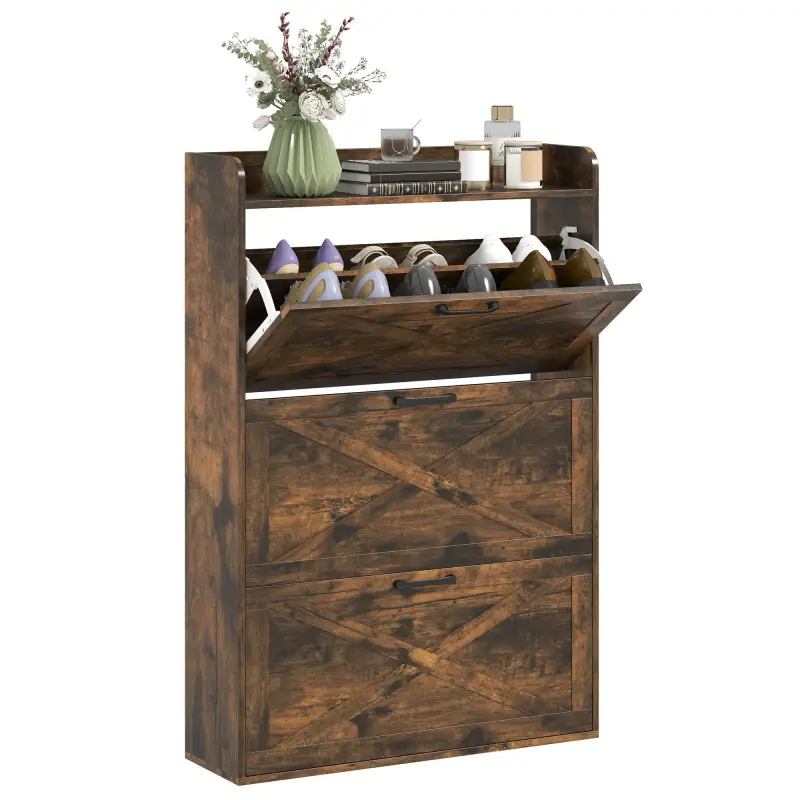 Zapatero Estrecho de 3 Cajones Abatibles para 24 Pares Diseño Rústico con Puertas de Granero 80x24x118 cm Marrón