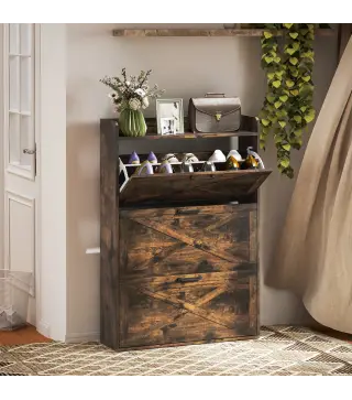 Zapatero Estrecho de 3 Cajones Abatibles para 24 Pares Diseño Rústico con Puertas de Granero 80x24x118 cm Marrón