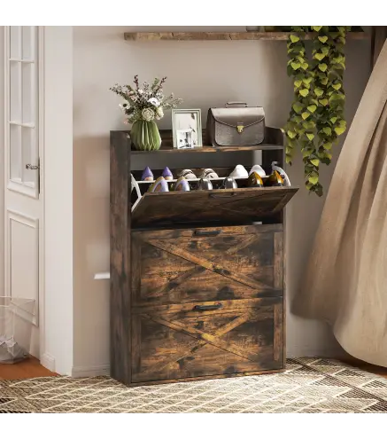 Zapatero Estrecho de 3 Cajones Abatibles para 24 Pares Diseño Rústico con Puertas de Granero 80x24x118 cm Marrón