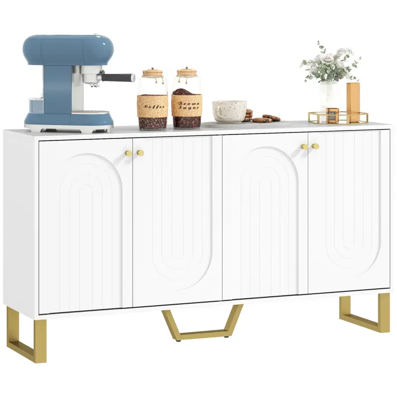 Aparador con 4 Puertas Arqueadas Estantes Ajustables y Patas Doradas 140,8x35x77,5 cm Blanco