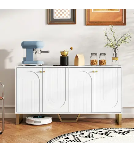 Aparador con 4 Puertas Arqueadas Estantes Ajustables y Patas Doradas 140,8x35x77,5 cm Blanco