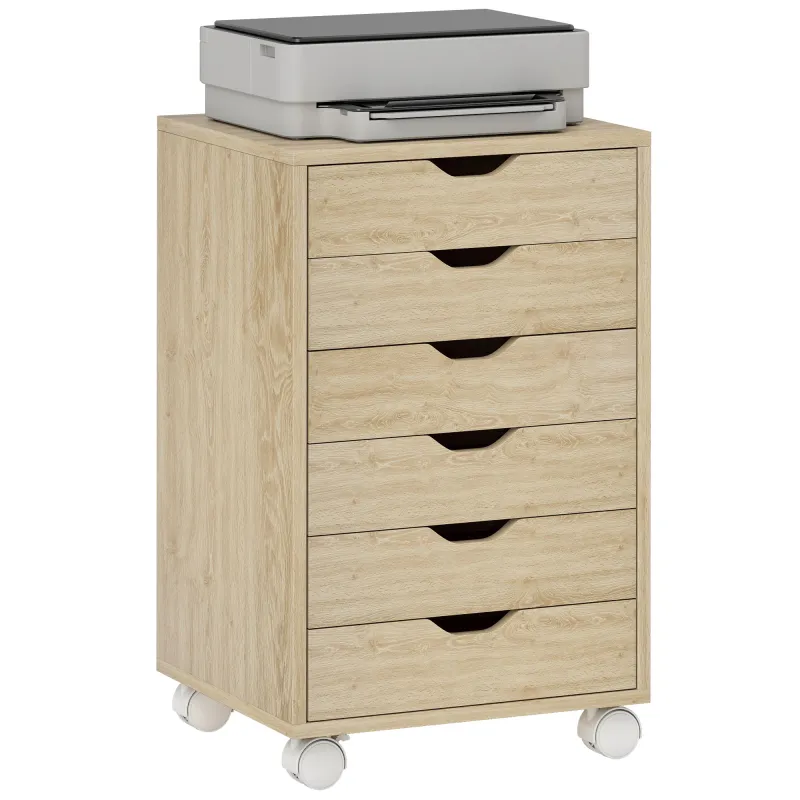 Cajonera Escritorio Archivador Móvil con 6 Cajones Ruedas Guías Deslizantes Silenciosas para Oficina Casa Roble