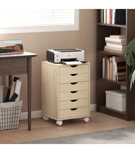 Cajonera Escritorio Archivador Móvil con 6 Cajones Ruedas Guías Deslizantes Silenciosas para Oficina Casa Roble