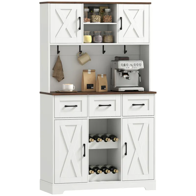 Alacena de Cocina con Botellero para 8 Botellas 4 Puertas 3 Cajones Encimera Amplio 100x38x172 cm Blanco