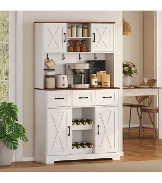 Alacena de Cocina con Botellero para 8 Botellas 4 Puertas 3 Cajones Encimera Amplio 100x38x172 cm Blanco