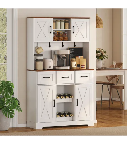 Alacena de Cocina con Botellero para 8 Botellas 4 Puertas 3 Cajones Encimera Amplio 100x38x172 cm Blanco