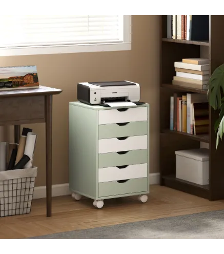 Cajonera Escritorio Archivador Móvil con 6 Cajones Ruedas Guías Deslizantes Silenciosas para Oficina Casa Verde
