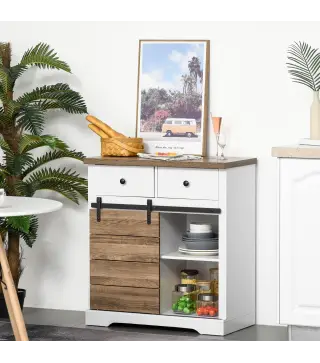 Mueble de Cocina con Puerta Corredera de Granero Botellero Cajones y Estantes para Comedor Salón 80x39x86 cm Blanco