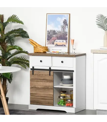 Mueble de Cocina con Puerta Corredera de Granero Botellero Cajones y Estantes para Comedor Salón 80x39x86 cm Blanco