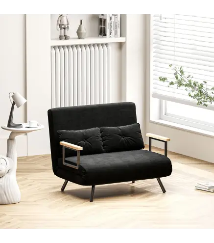 Sofá Cama Convertible 4 en 1 Sillón Cama 2 Plazas Plegable Respaldo Ajustable de 5 Niveles Almohadas 102x73x81cm Negro