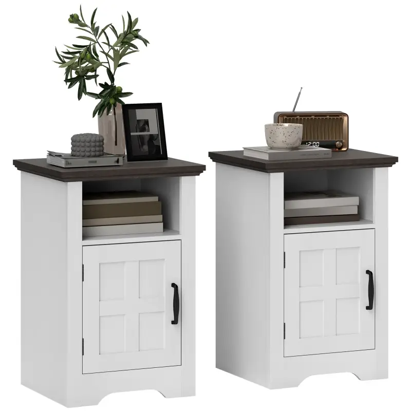 Mesitas de Noche Rústicas Mesas Auxiliares con Puerta Estilo Granero y Estante 40x35x60 cm Blanco y Marrón