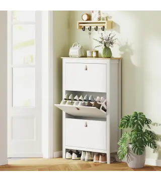 Zapatero Estrecho con 3 Compartimentos y Tiradores de Cuero PU para Pasillos y Recibidores 80x24x131 cm Blanco y Madera