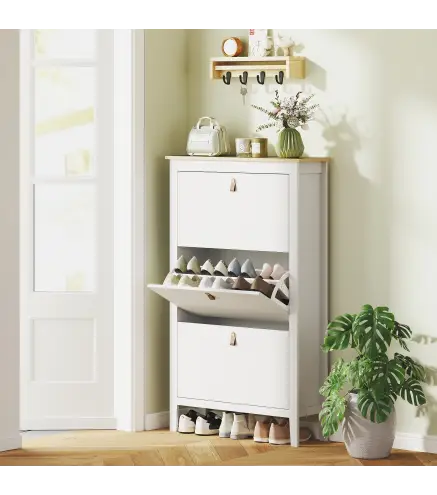 Zapatero Estrecho con 3 Compartimentos y Tiradores de Cuero PU para Pasillos y Recibidores 80x24x131 cm Blanco y Madera