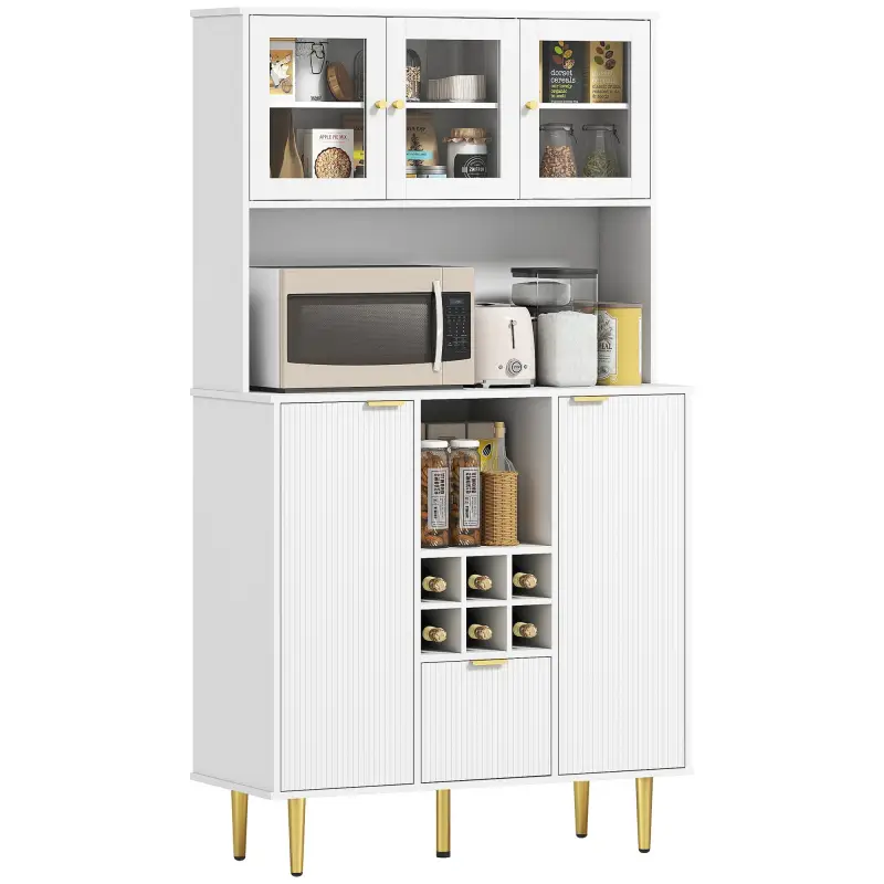 Alacena de Cocina Moderna con Armarios Cajón Botellero y Puertas de Vidrio y Estantes Ajustables 100x40x180 cm Blanco Alacena de Cocina Moderna con Armarios Cajón Botellero y Puertas de Vidrio y Estantes Ajustables 100x40x180 cm Blanco