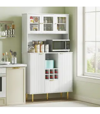 Alacena de Cocina Moderna con Armarios Cajón Botellero y Puertas de Vidrio y Estantes Ajustables 100x40x180 cm Blanco