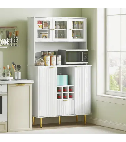 Alacena de Cocina Moderna con Armarios Cajón Botellero y Puertas de Vidrio y Estantes Ajustables 100x40x180 cm Blanco