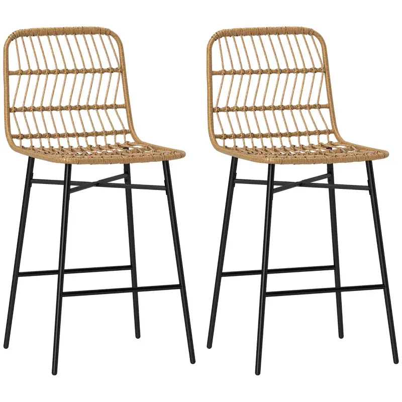 Conjunto de 2 Taburetes Altos de Cocina Taburetes de Bar con Respaldo y Asiento de Ratán para Bar Cocina Comedor Marrón