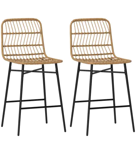 Conjunto de 2 Taburetes Altos de Cocina Taburetes de Bar con Respaldo y Asiento de Ratán para Bar Cocina Comedor Marrón