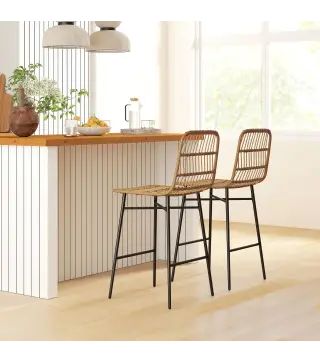Conjunto de 2 Taburetes Altos de Cocina Taburetes de Bar con Respaldo y Asiento de Ratán para Bar Cocina Comedor Marrón