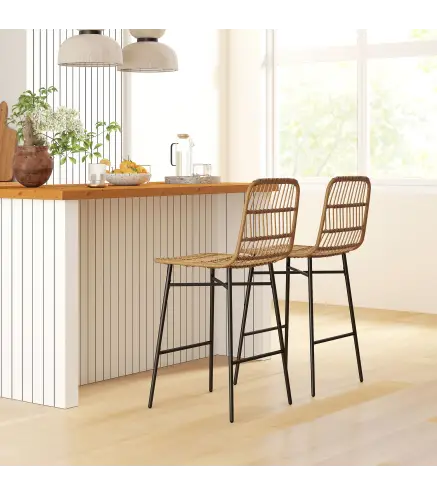 Conjunto de 2 Taburetes Altos de Cocina Taburetes de Bar con Respaldo y Asiento de Ratán para Bar Cocina Comedor Marrón