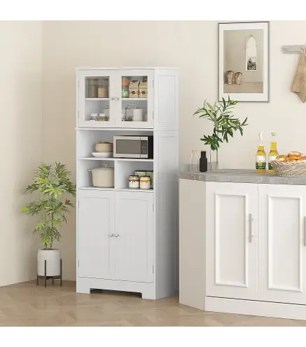 Alacena Alta con Armarios y Estantes Abiertos Puertas de Cristal Estantes Ajustables y Sistema Antivuelco 60x30x145,5 cm