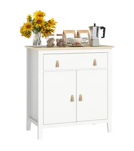 Aparador con Cajón Armario de 2 Niveles y Estante Ajustable Base Elevada y Amplia Superficie 80x40x90cm Blanco y Roble