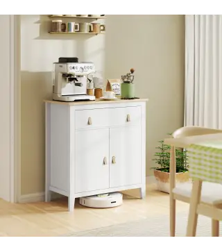 Aparador con Cajón Armario de 2 Niveles y Estante Ajustable Base Elevada y Amplia Superficie 80x40x90cm Blanco y Roble