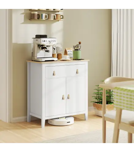 Aparador con Cajón Armario de 2 Niveles y Estante Ajustable Base Elevada y Amplia Superficie 80x40x90cm Blanco y Roble