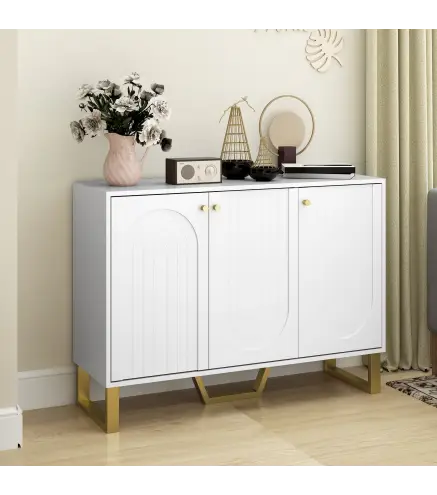 Aparador con 3 Puertas Arqueadas Estantes Ajustables y Patas Doradas 106,5x35x77,5 cm Blanco