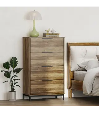 Cómoda para Dormitorio Alta con 4 Cajones Tiradores Metálicos Cajonera Estrecha para Salón Pasillo 62x35x105 cm Natural