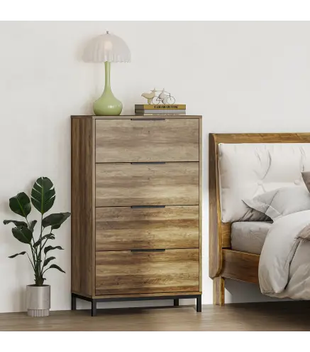 Cómoda para Dormitorio Alta con 4 Cajones Tiradores Metálicos Cajonera Estrecha para Salón Pasillo 62x35x105 cm Natural