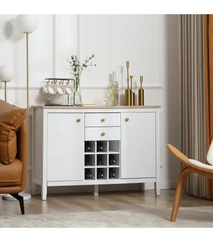 Aparador de Cocina Moderno con Cajones y Botellero Mueble Auxiliar para Comedor Salón 110x35x75 cm Blanco
