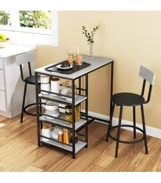 Conjunto de Mesa de Bar con 2 Taburetes Estantes Laterales Asiento Acolchado y Barra para Descanso de Pies Gris Oscuro