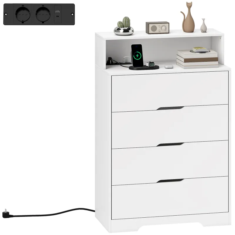Cómoda para Dormitorio de 4 Cajones con Estación de Carga Puerto USB Puerto USB-C Estante Abierto 80x40x120 cm Blanco