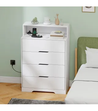 Cómoda para Dormitorio de 4 Cajones con Estación de Carga Puerto USB Puerto USB-C Estante Abierto 80x40x120 cm Blanco