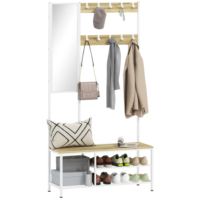 Perchero Zapatero con Espejo 3 Estantes Banco 10 Ganchos Ajustables Estilo Moderno para Pasillo 98x34x186 cm Natural