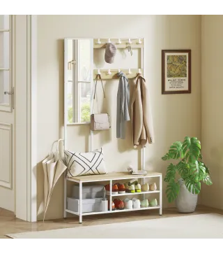 Perchero Zapatero con Espejo 3 Estantes Banco 10 Ganchos Ajustables Estilo Moderno para Pasillo 98x34x186 cm Natural