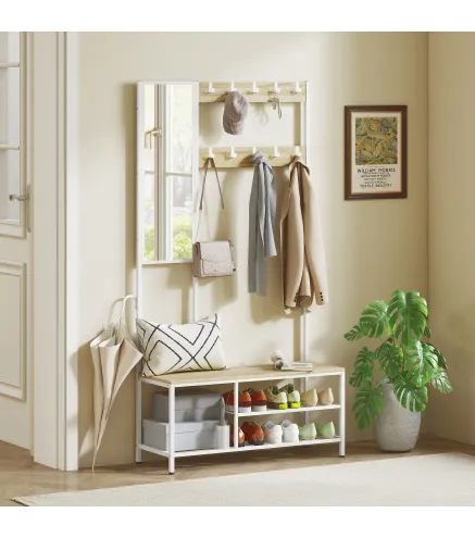 Perchero Zapatero con Espejo 3 Estantes Banco 10 Ganchos Ajustables Estilo Moderno para Pasillo 98x34x186 cm Natural