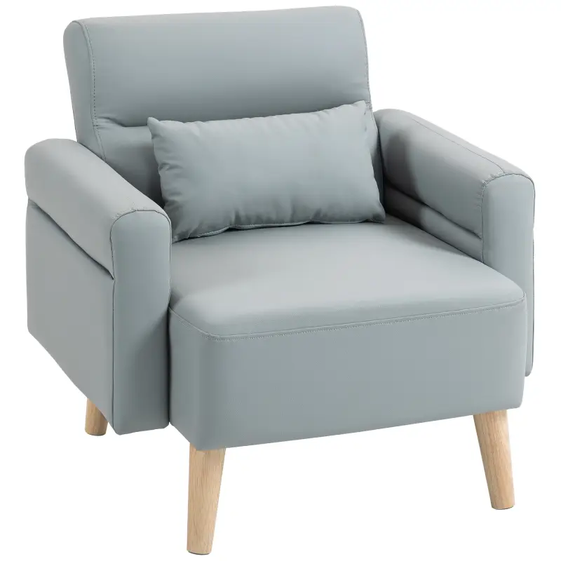 Sillón Tapizado en Cuero Sintético Respaldo con Costuras y Patas de Madera para Salón o Dormitorio 77x78x78 cm Gris