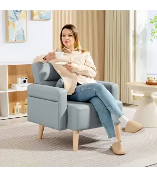 Sillón Tapizado en Cuero Sintético Respaldo con Costuras y Patas de Madera para Salón o Dormitorio 77x78x78 cm Gris