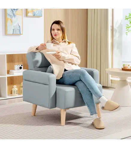 Sillón Tapizado en Cuero Sintético Respaldo con Costuras y Patas de Madera para Salón o Dormitorio 77x78x78 cm Gris