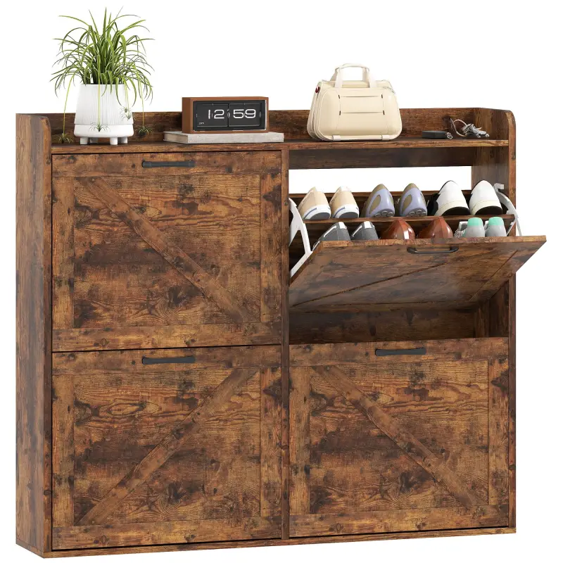 Zapatero Estrecho con 4 Compartimentos Abatibles Divisores Ajustables para 24 Pares con Antivuelco 120x24x103 cm Marrón